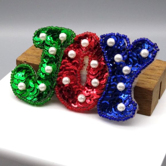 Large Holiday JOY Sequins Brooch with Faux Pearl Embellishments, Colorful Spell - Picture 3 of 4